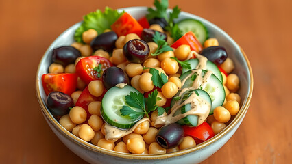 A vibrant chickpea salad with tomatoes, cucumbers, olives, and a creamy dressing in a white bowl on a wooden table