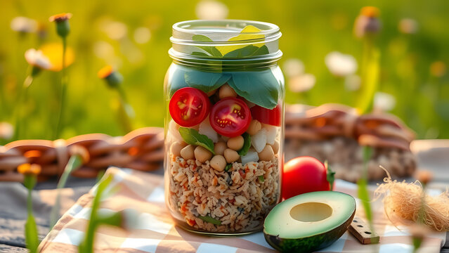 Layered salad in a jar with chickpeas, rice, tomatoes, avocado, and greens, ready for a picnic