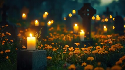 Lots of Lit Candles and Yellow Marigold Flowers at Cemetery During All Saints Day Night Celebration