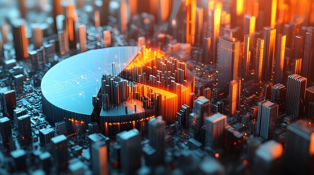 Isometric chart design creative 3d pie chart surro depicting vibrant cityscape with colorful pie slices and elements