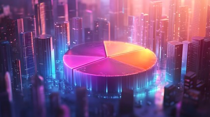 Isometric chart design creative 3d pie chart surrounding a vibrant city skyline with clear skies and modern architecture