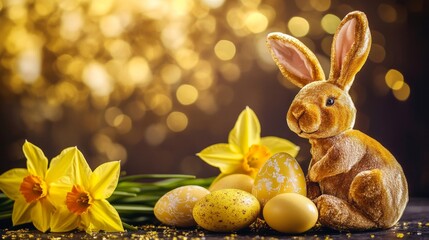 Fototapeta premium Easter bunny ears on velvet with chocolate eggs and daffodils, evoking a festive yet elegant spring celebration