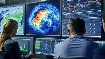 team of weather experts discussing climate forecast strategies, collaborative process, advanced tools, vibrant and professional workspace, innovative environment