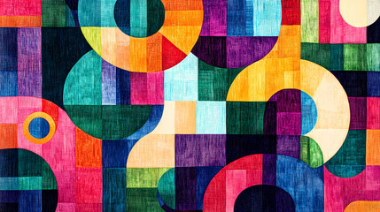 Fototapeta premium Geometric shapes in bright hues, woven tapestry rolls , vibrant colors, woven textures. Tapestry & Textile Art Effects. Illustration