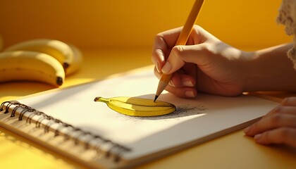 Drawing a Banana Still Life on Sketchbook with Pencil in Sunlight © Argan
