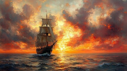 Obraz premium Majestic Sailing Ship at Fiery Sunset Seascape