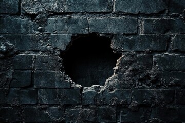 Mysterious Hole in Weathered Black Brick Wall with Dramatic Shadows