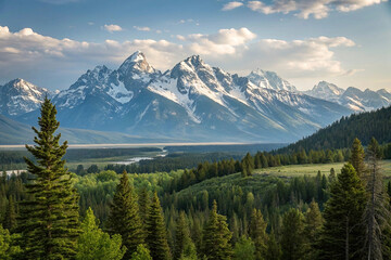Scenic mountain valley vista in Yellowstone National Park