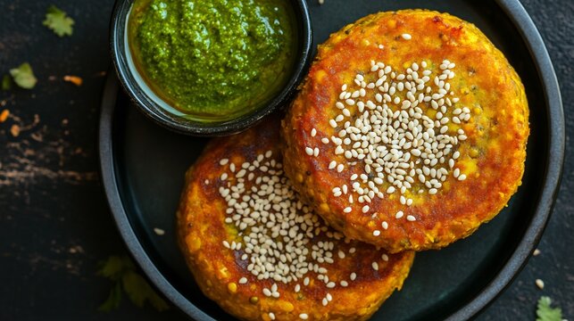 Top view of handvo Savory Gujarati Lentil Cake garnished sesame seeds and served with tangy green chutney