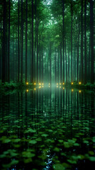 Mystical Glowing Lights In Dark Forest Swamp