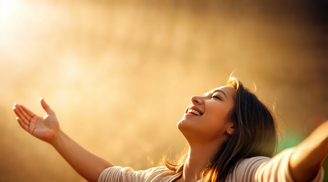 Woman&rsquo;s Face Glowing with Open Arms Embracing Warmth and Eternal Heavenly Open Copy Space