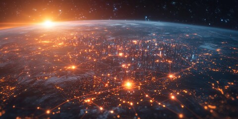 Global Network Illuminated Cityscape At Sunrise