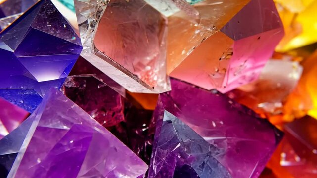 Close-up of cut-and-polished gemstones in vibrant colors, dynamic lighting showcasing brilliance, professional gemologist's workspace