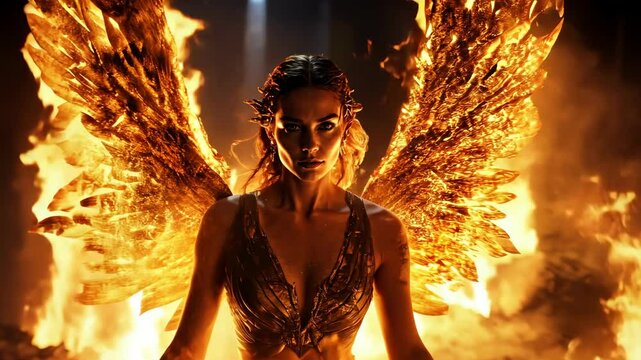fiery goddess with wings of flames, surrounded by glowing embers, symbolizing power and transformation, perfect for mythical and fantasy scenes