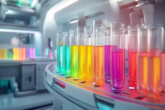 A vibrant collection of test tubes filled with colorful liquids, arranged on a circular platform in a modern laboratory setting.