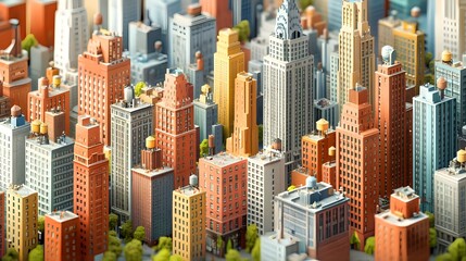 Isometric art styles artistic representation of a vibrant city skyline with tall buildings and lush green trees in 2d art