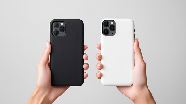 Two Color Phone Cases Held in Hands Against Gray Background