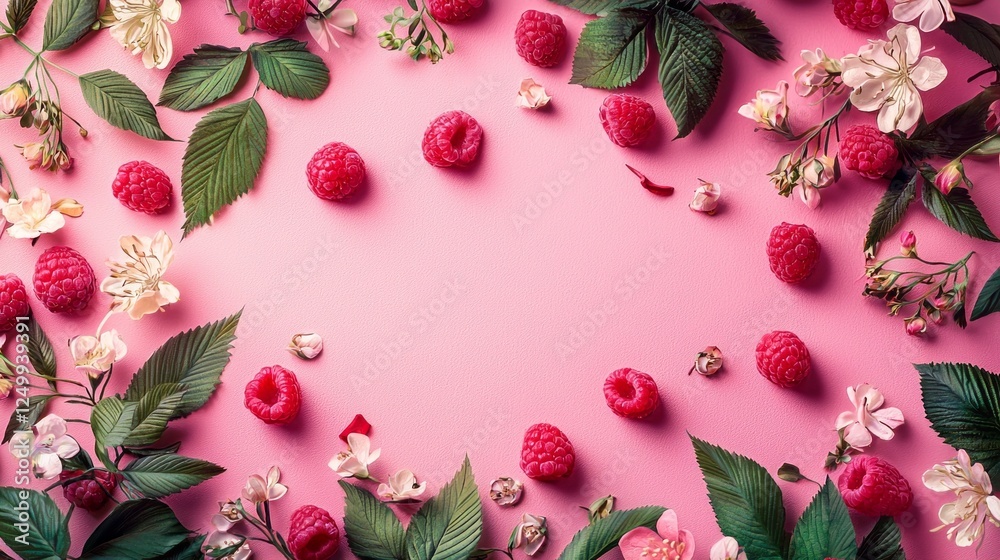 Poster a colorful arrangement featuring fresh raspberries and assorted flowers creates an inviting display 