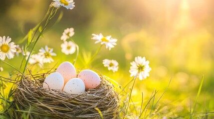 Pastel Easter eggs nestled among spring flowers, radiating warmth and renewal in a serene meadow setting