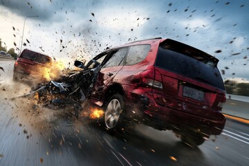 A dramatic scene of a car crash, showcasing a red SUV colliding with another vehicle, with debris and dust flying in an intense moment of impact.