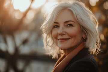 Obraz premium Confident Senior Woman Smiling in Natural Light, Professional Headshot for Corporate Branding