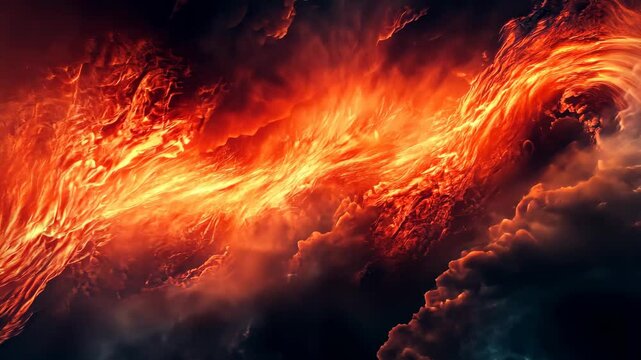 fiery red lava flow under dramatic cloudy sky, glowing vibrant highlights, isolated textured background, symbolic representation of energy and transformation, surreal focus