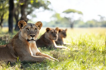 Fototapeta premium A lion pride relaxes in the grass under the warm sun on an open savanna, showcasing the serene beauty of wildlife