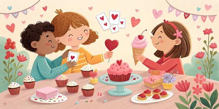 Ni&ntilde;os compartiendo corazones y helado en una mesa con cupcakes de San Valentin