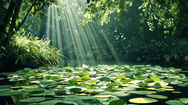 serene forest pond covered with lily pads, surrounded by lush foliage, sunlight filtering through, perfect for illustrating tranquility and peace