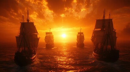 Fototapeta premium Sailing Ships at Sunset Golden Hour Voyage