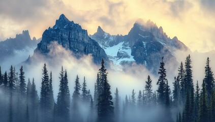 Obraz premium Majestic Mountains Enveloped in Morning Mist: A Serene Landscape at Sunrise, with Coniferous Forest