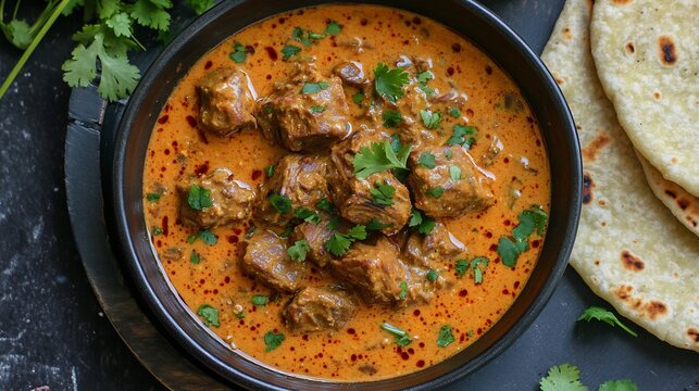 Top view of laal maas Rajasthani Spicy Mutton Curry featuring tender mutton pieces a fiery red chili gravy garnished with coriander and served with bajra roti