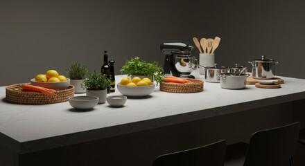 Modern kitchen island with fresh ingredients and cooking tools.