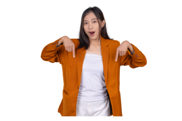 Portrait of Young Businesswoman Pointing Down Isolated Transparent