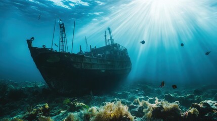 Majestic Underwater Scene Featuring a Sunken Ship Surrounded by Vibrant Marine Life and Sunbeams