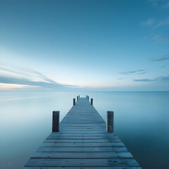 Obraz premium Idyllic Wooden Pier Extending Into Calm Sea Under Golden Sunset With Clear Sky and Gentle Waves
