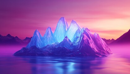 Neon mountains rise from a shimmering body of water