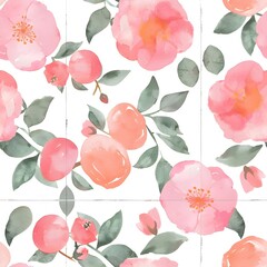 Fototapeta premium Beautiful seamless pattern of pink flowers and peaches with green leaves on a white background. Watercolor romantic design for design print, wallpaper, fabric, textile
