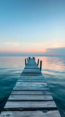 Naklejka premium Idyllic Wooden Pier Extending Into Calm Sea Under Golden Sunset With Clear Sky and Gentle Waves