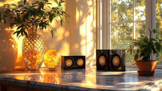 Game-ready assets displayed on a sleek table brigh plant in a vase modern decor home interior design 2023