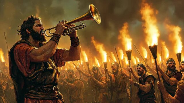 Gideon blowing his trumpet, surrounded by a small army holding torches, as the Midianite camp glows in chaos