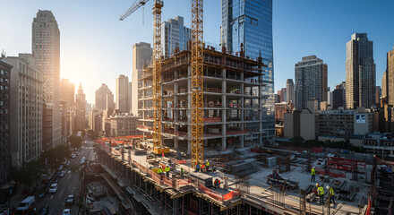 Naklejka premium A dynamic construction site for a new skyscraper rising in a vibrant urban cityscape 