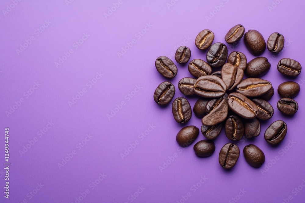 Poster Roasted coffee beans arranged in a circle on a purple background