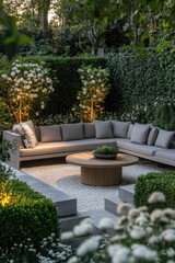 Obraz premium Comfortable outdoor seating area surrounded by lush greenery in a tranquil garden setting during sunset, inviting relaxation and gatherings in nature