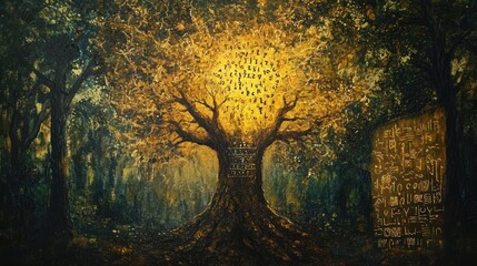 Glowing tree in mystical forest, ancient stones, fantasy artwork, book cover