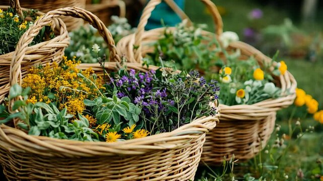 Baskets of foraged wild herbs and flowers, showcasing the bounty of nature and the art of herbal medicine