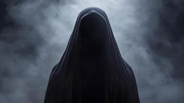 A dark, hooded figure shrouded in mist, creating an eerie and mysterious atmosphere.