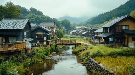 Fototapeta premium Scenic Japanese Village with Traditional Houses Beside Serene Stream and Lush Green Landscape Under Cloudy Sky