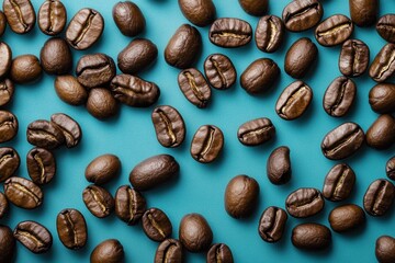 Fototapeta premium Roasted coffee beans are scattered on a vibrant turquoise surface
