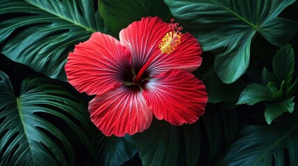 Obraz premium Vibrant Red Hibiscus Flower Amidst Dark Tropical Foliage